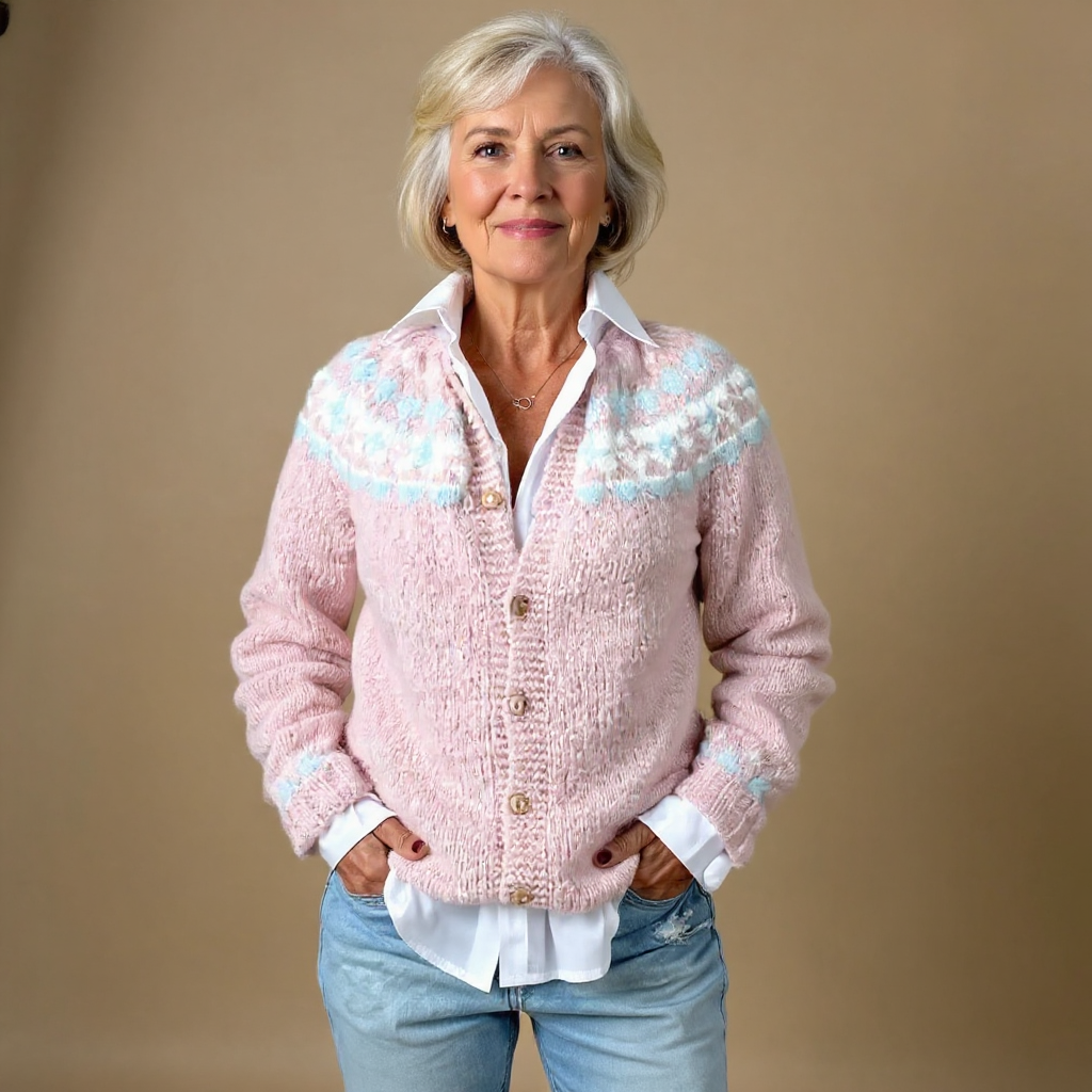 Women's pink cardigan with geometric patterned yoke, buttons and long sleeves