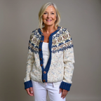Women's multicoloured Nordic pattern cardigan with navy trim and button front