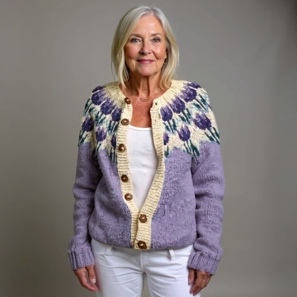 Women's multicolor floral cardigan with round neck and button front