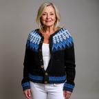 Women's black cardigan with blue and white Nordic pattern and brown buttons