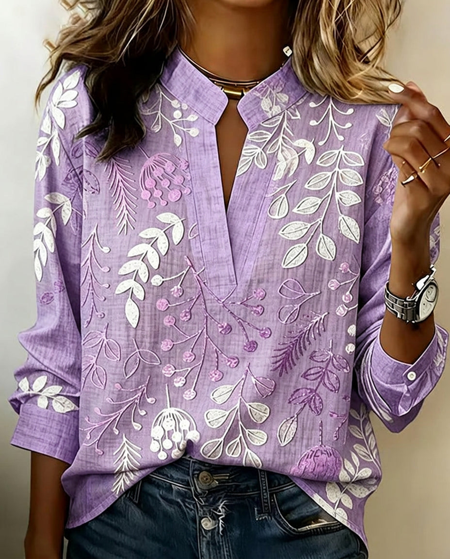 Women's botanical print blouse with mandarin collar and 3/4 sleeves