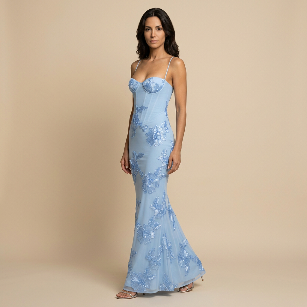 Women's floral corset mermaid maxi dress with sweetheart neckline and spaghetti straps