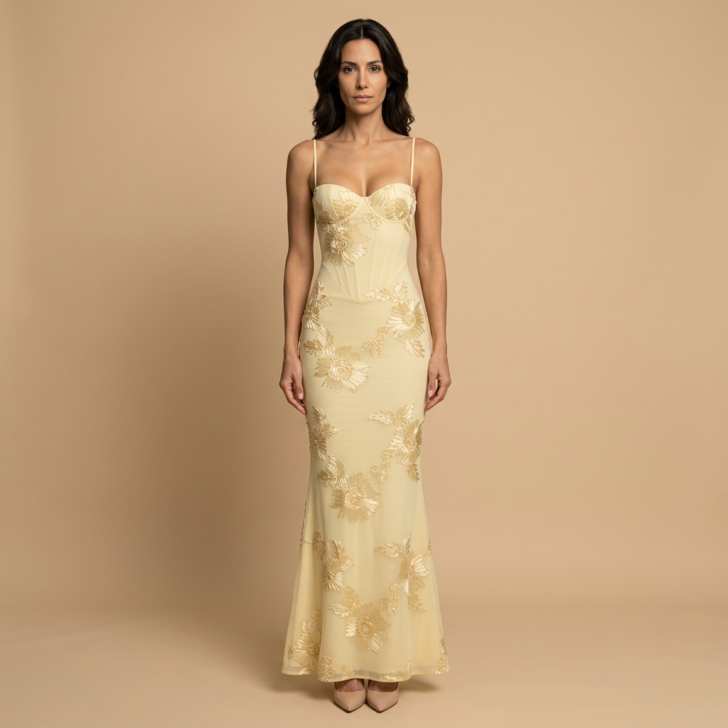 Women's floral corset mermaid maxi dress with sweetheart neckline and spaghetti straps