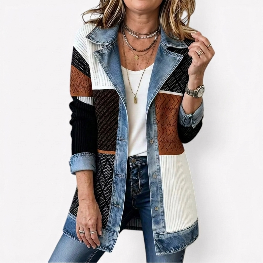 Women's mixed panel longline denim jacket with notched collar