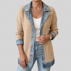Women's mixed panel longline denim jacket with notched collar