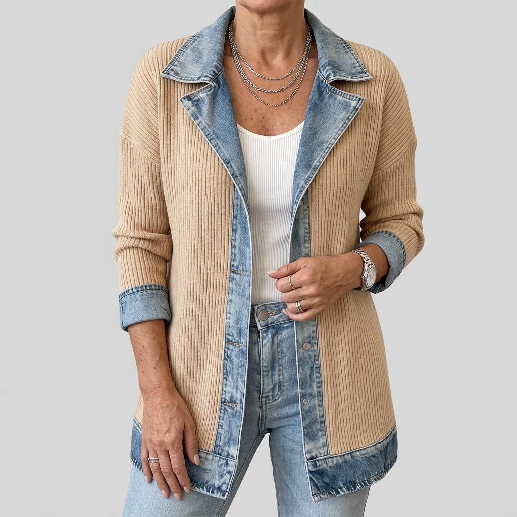 Women's mixed panel longline denim jacket with notched collar