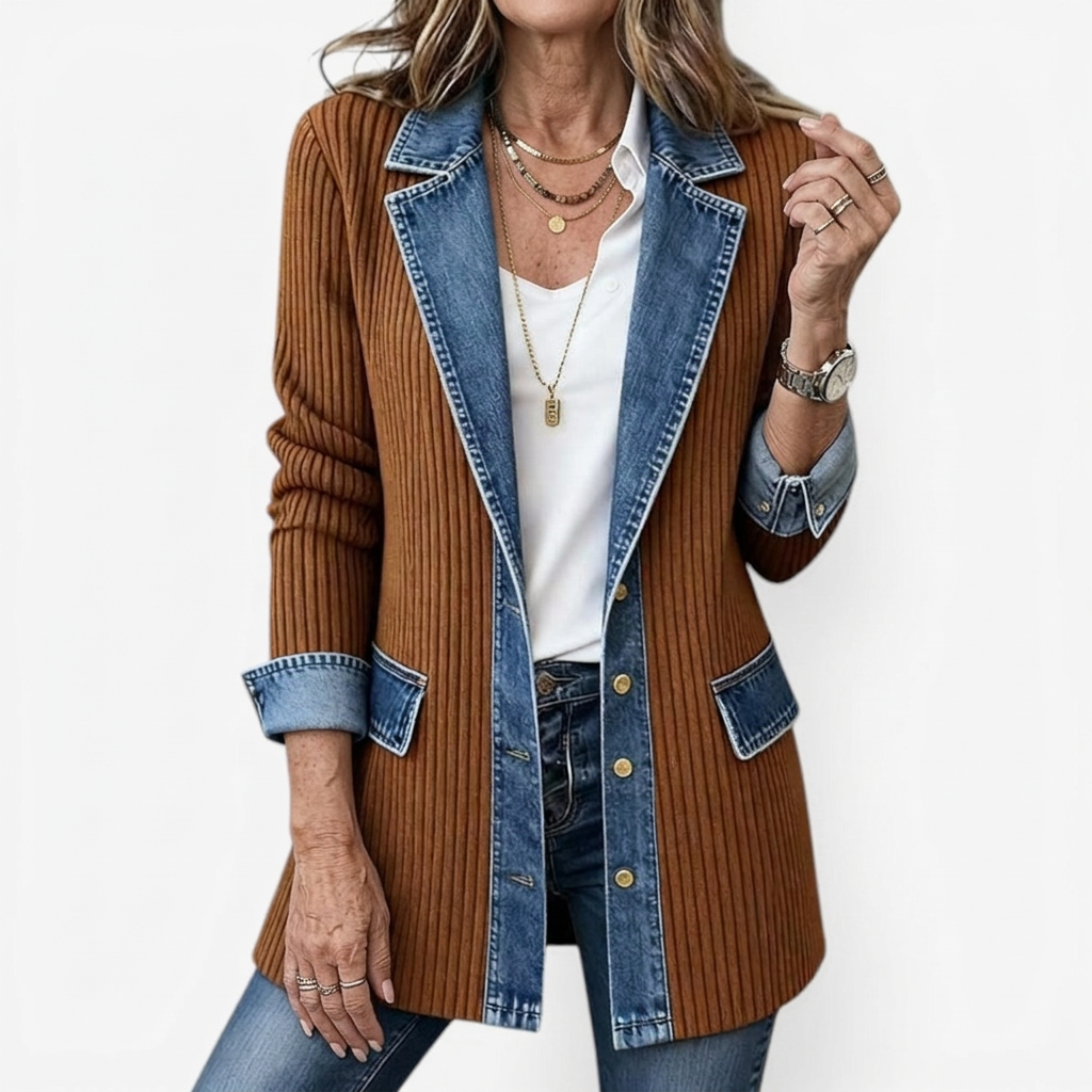 Women's mixed panel longline denim jacket with notched collar