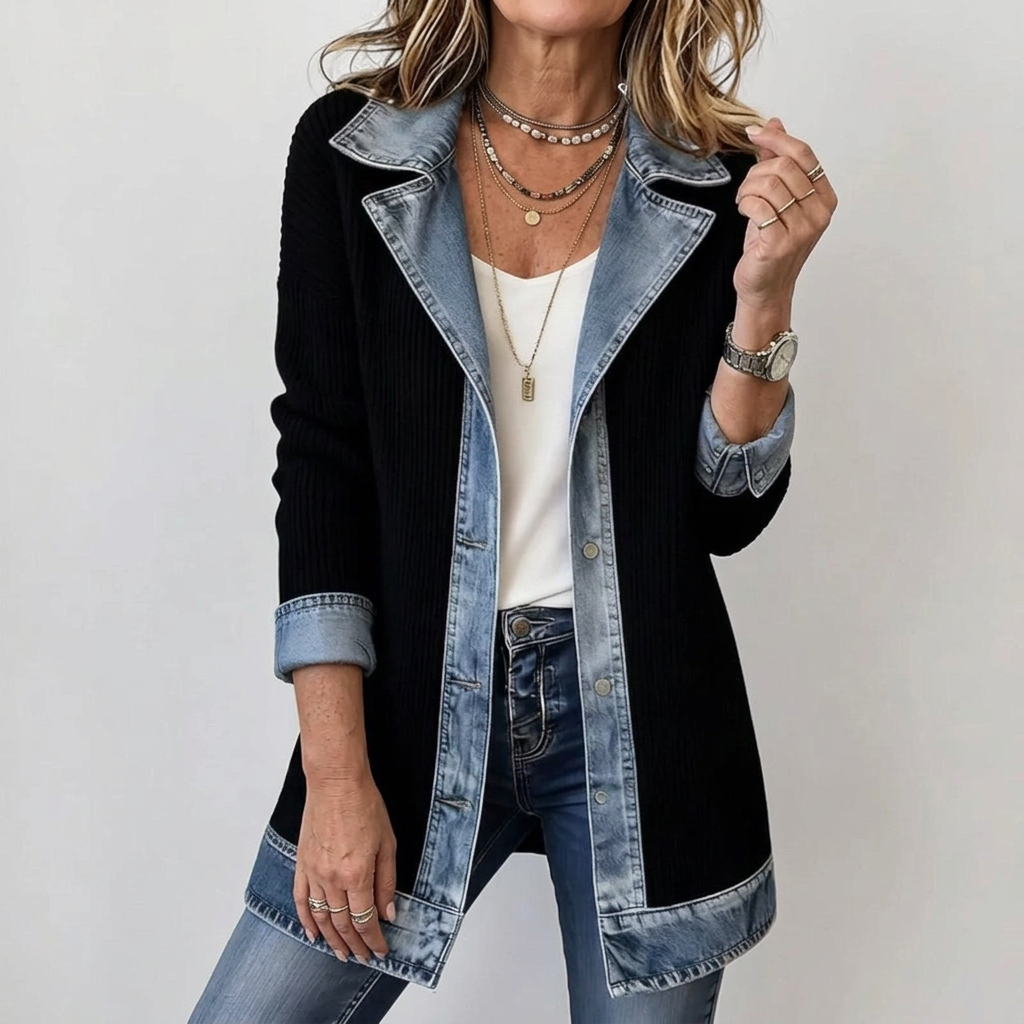 Women's mixed panel longline denim jacket with notched collar