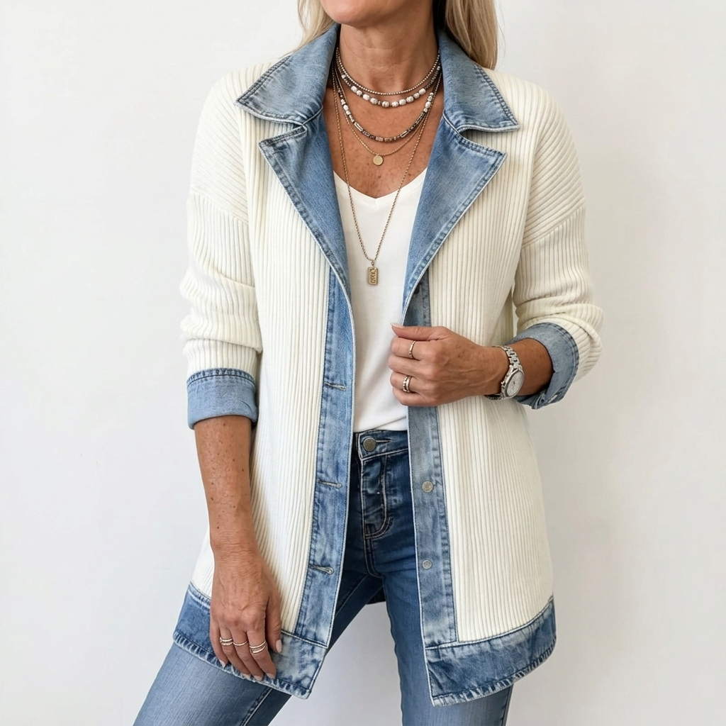 Women's mixed panel longline denim jacket with notched collar