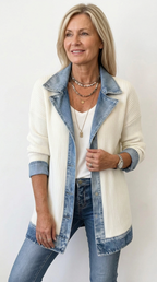 Women's mixed panel longline denim jacket with notched collar