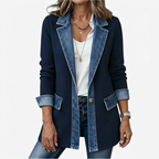 Women's mixed panel longline denim jacket with notched collar
