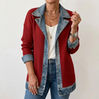 Women's mixed panel longline denim jacket with notched collar