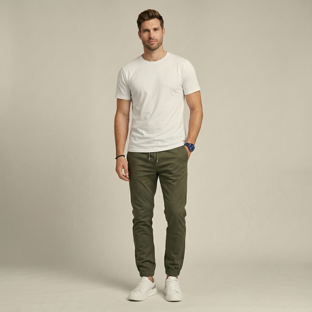 Men's tapered trousers with drawstring waist, side pockets and cuffed ankles