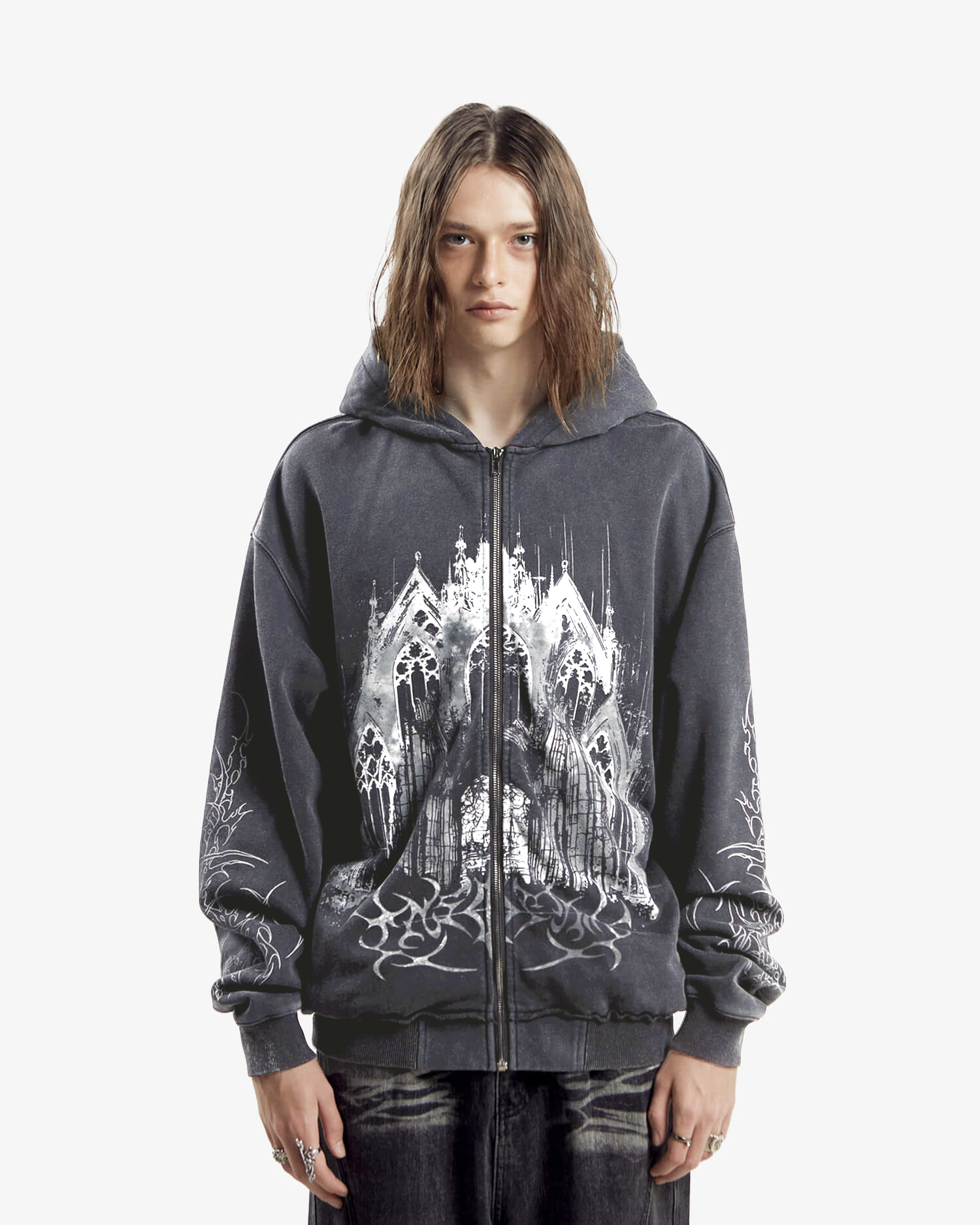 Black zip hoodie with cathedral graphic and hood