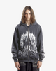 Black zip hoodie with cathedral graphic and hood