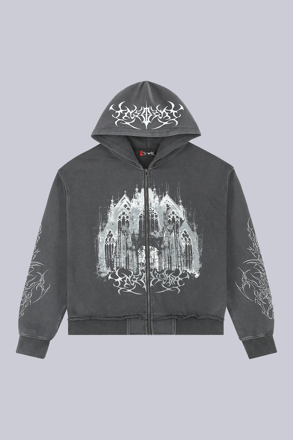 Black zip hoodie with cathedral graphic and hood