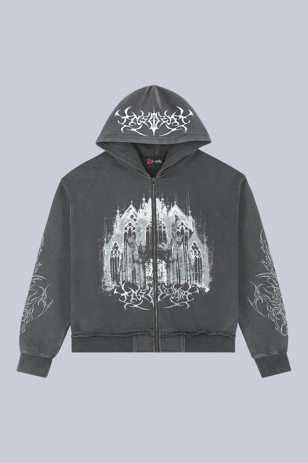 Black zip hoodie with cathedral graphic and hood