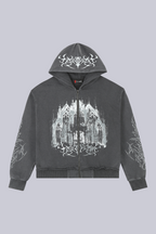 Black zip hoodie with cathedral graphic and hood