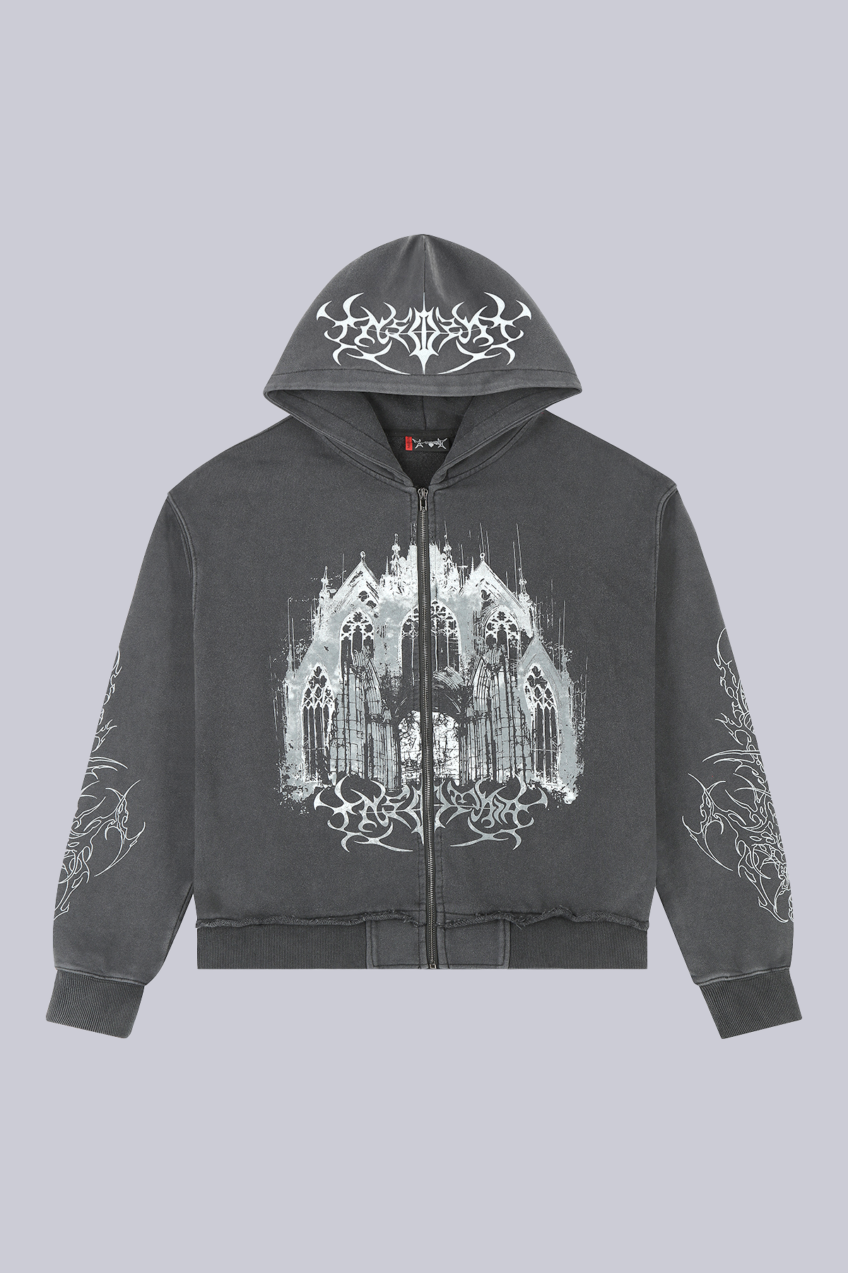 Black zip hoodie with cathedral graphic and hood