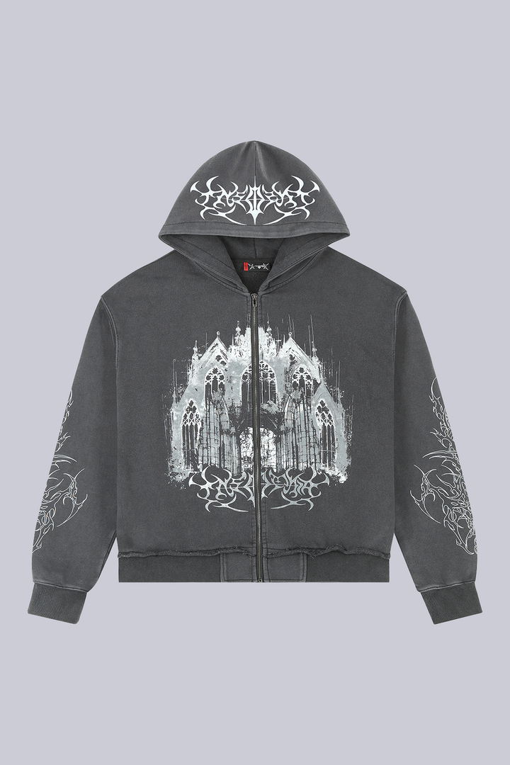 Black zip hoodie with cathedral graphic and hood