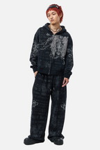Men's black hooded zip hoodie with text and ornamental graphics