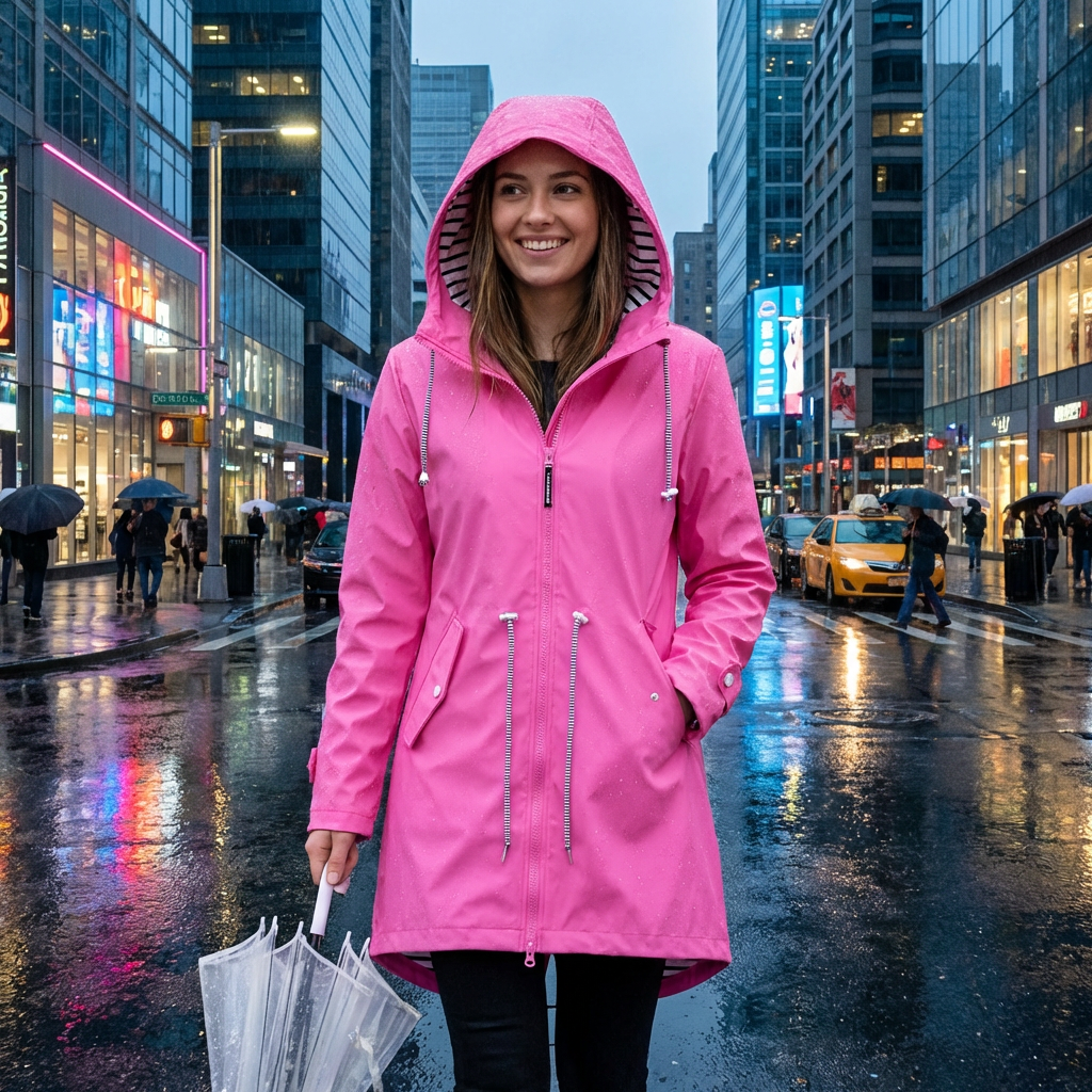 Women's long hooded rain jacket with front zippers