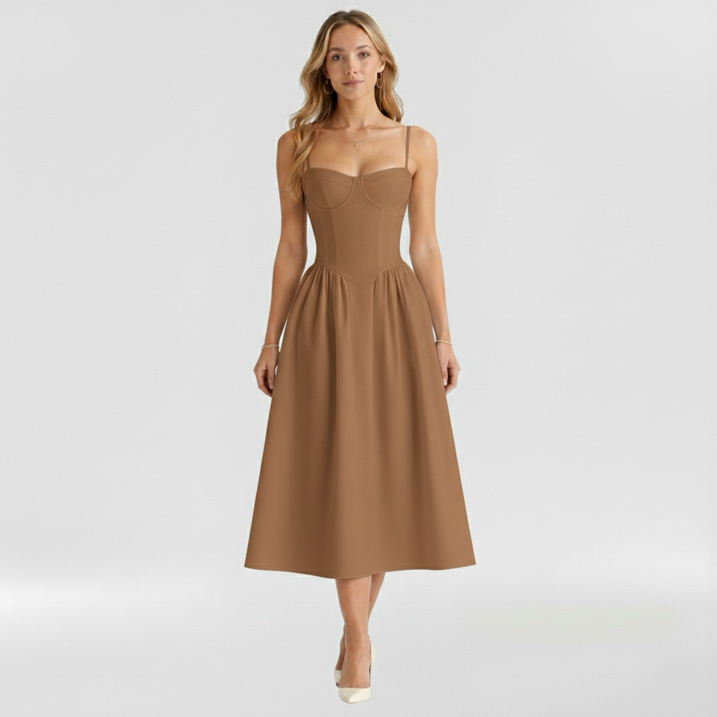 Women's floral corset midi dress with sweetheart neckline and spaghetti straps
