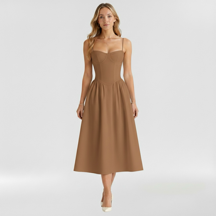 Women's floral corset midi dress with sweetheart neckline and spaghetti straps