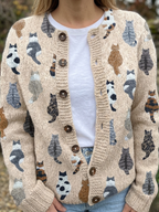 Women's cat print button front knit cardigan