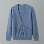 Men's plain V-neck cardigan with buttons, long sleeves and patch pockets