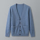 Men's plain V-neck cardigan with buttons, long sleeves and patch pockets