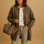 Women's longline button cardigan with round neckline and long sleeves
