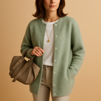 Women's longline button cardigan with round neckline and long sleeves