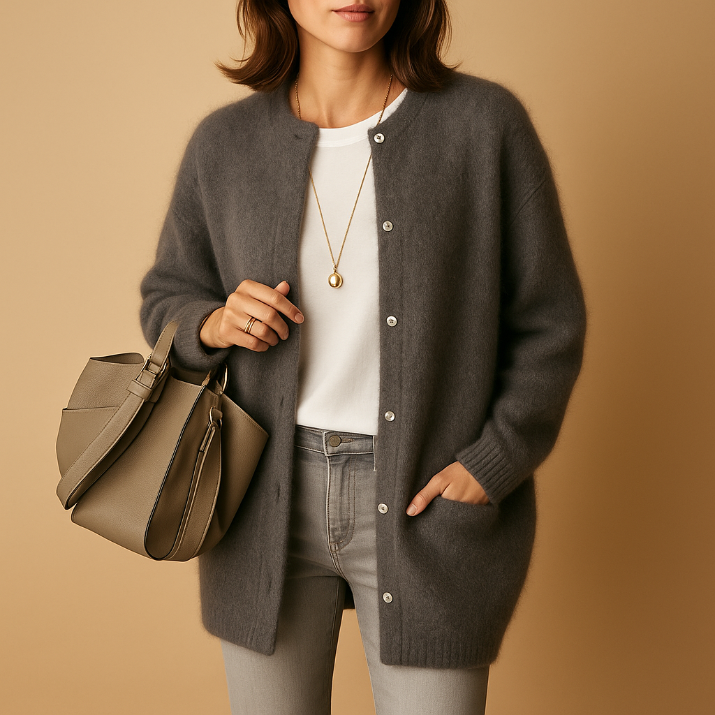 Women's longline button cardigan with round neckline and long sleeves
