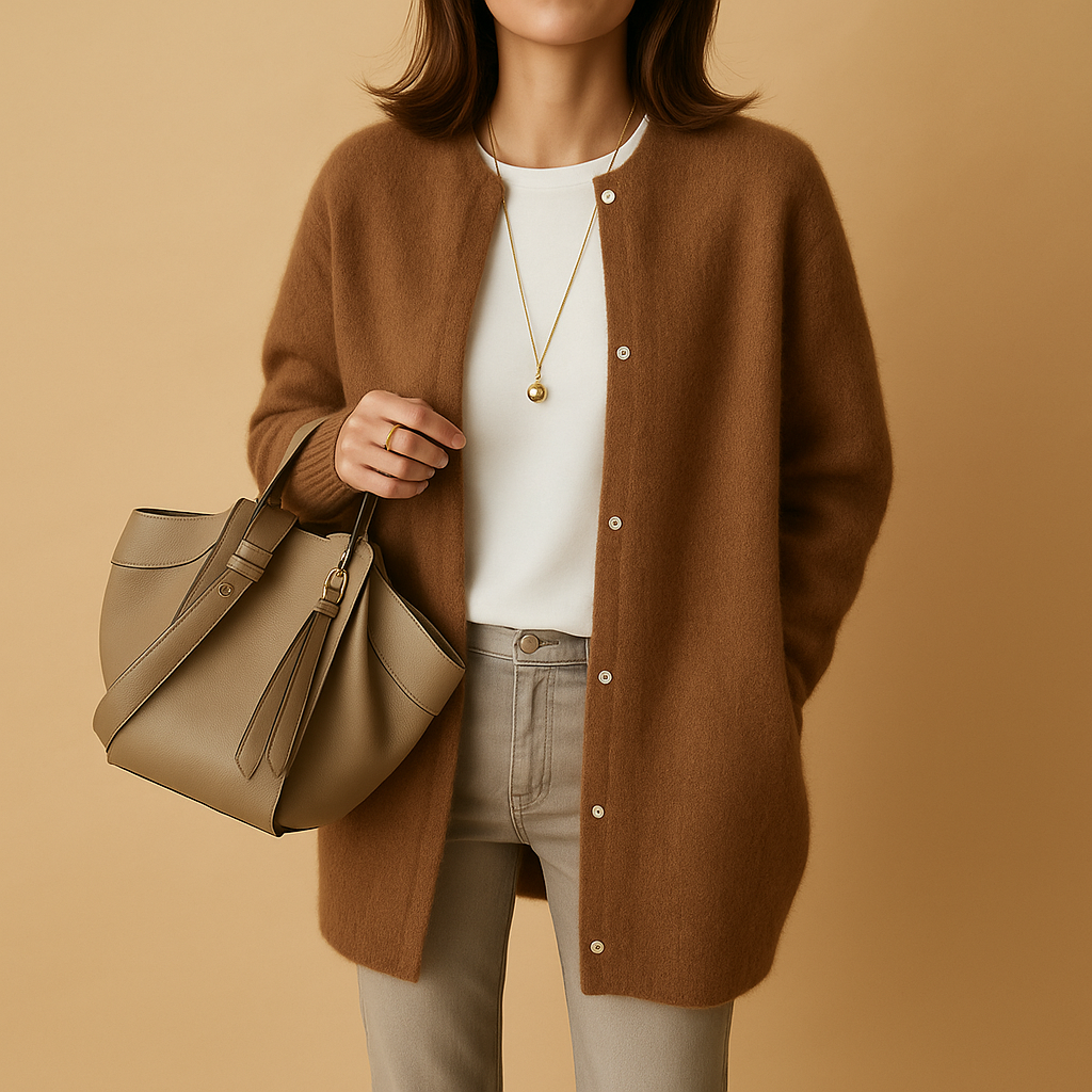 Women's longline button cardigan with round neckline and long sleeves