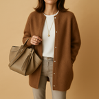 Women's longline button cardigan with round neckline and long sleeves