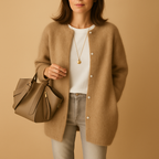 Women's longline button cardigan with round neckline and long sleeves