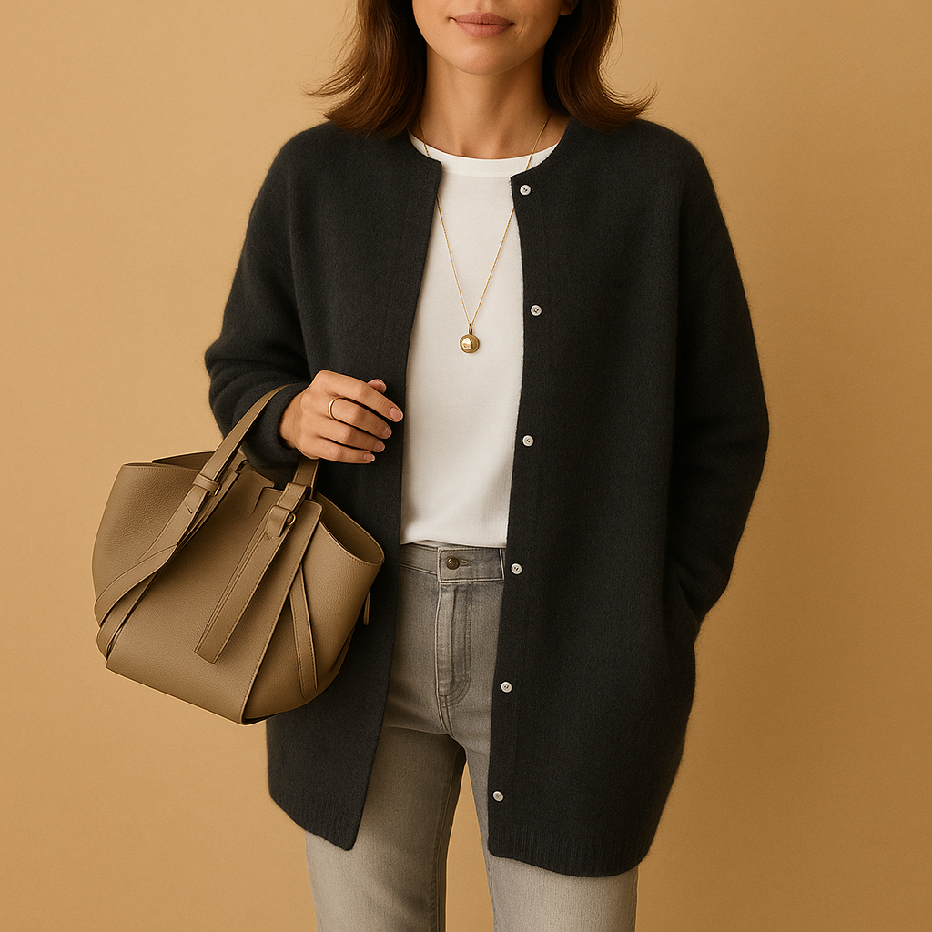 Women's longline button cardigan with round neckline and long sleeves