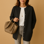 Women's longline button cardigan with round neckline and long sleeves