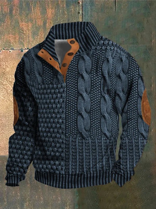 Men's textured cable knit sweater with high mock neck, buttons and elbow patches