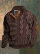 Men's textured cable knit sweater with high mock neck, buttons and elbow patches