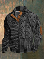Men's textured cable knit sweater with high mock neck, buttons and elbow patches
