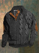 Men's textured cable knit sweater with high mock neck, buttons and elbow patches