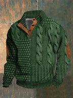Men's textured cable knit sweater with high mock neck, buttons and elbow patches