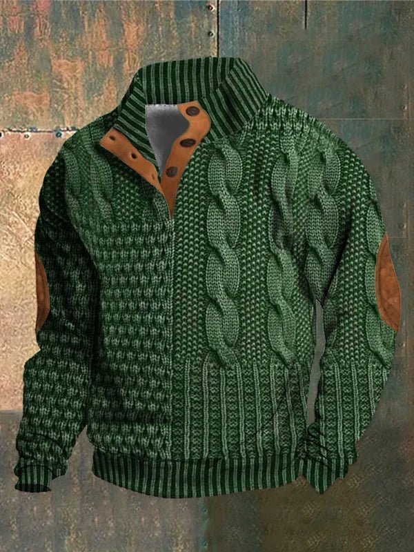 Men's textured cable knit sweater with high mock neck, buttons and elbow patches