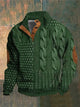 Men's textured cable knit sweater with high mock neck, buttons and elbow patches