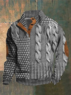 Men's textured cable knit sweater with high mock neck, buttons and elbow patches