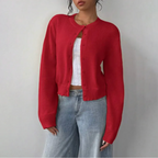 Women's cropped ribbed cardigan with round neckline, long sleeves and button front