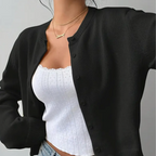 Women's cropped ribbed cardigan with round neckline, long sleeves and button front