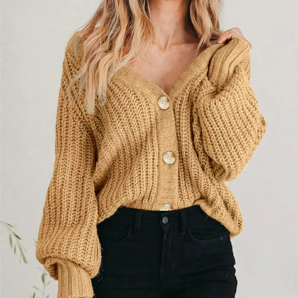 Women's chunky knit V-neck cardigan with button front and balloon sleeves